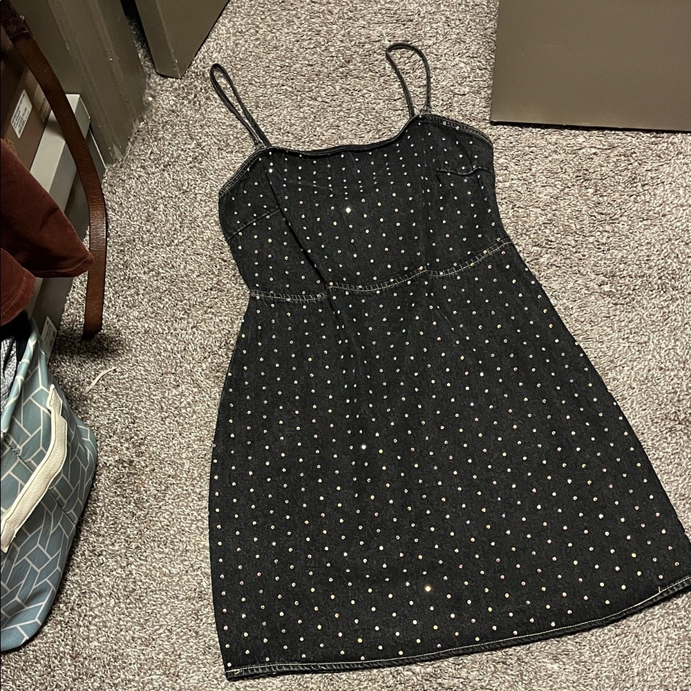 Dark Blue Jean Mini Dress with Beaded Dots